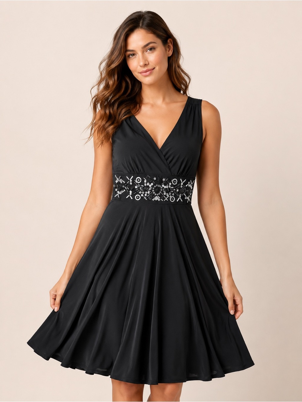 Ronni Nicole Black Beaded Waist Fit & Flare Dress – Size 10